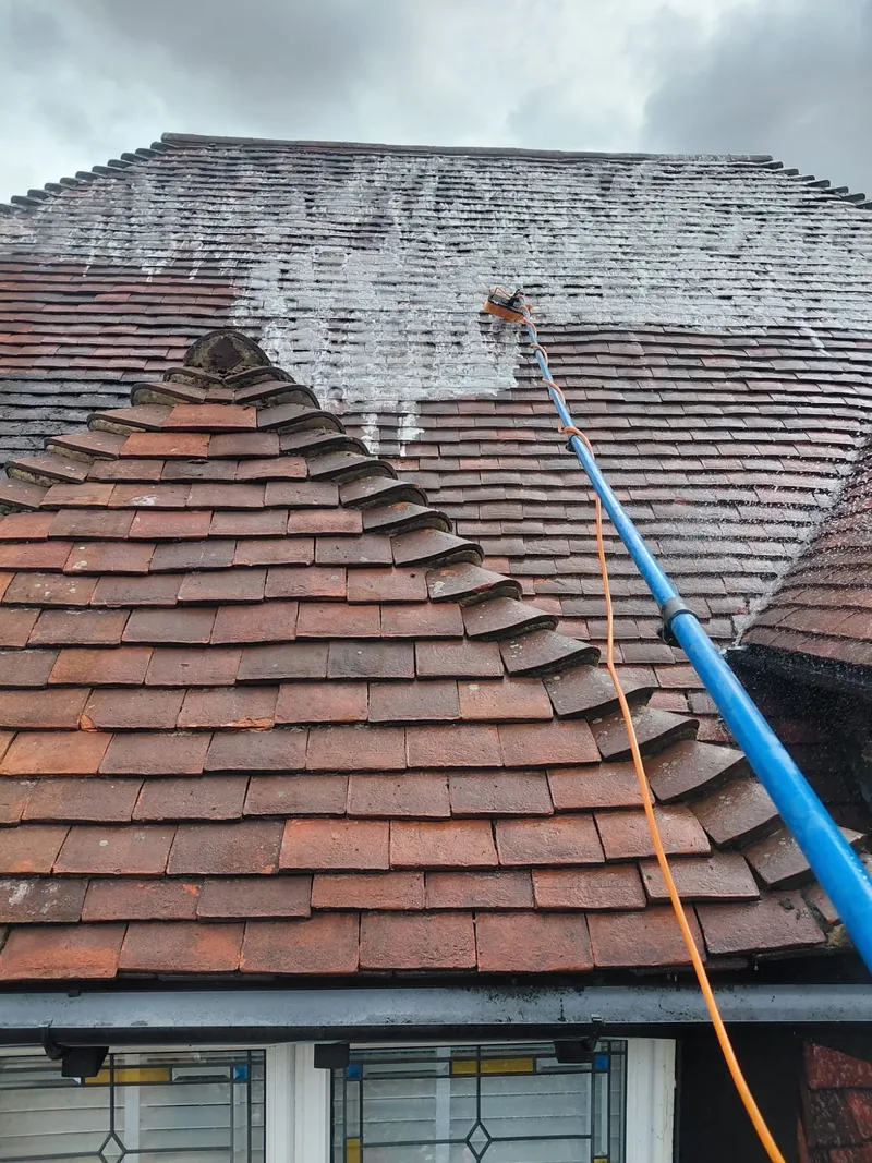Roof being cleaned with a long water-fed brush, cleaned tiles next to untreated ones